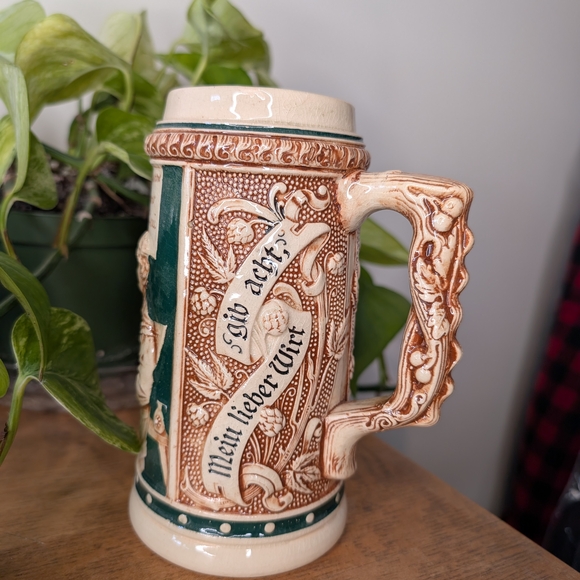 Intricate Ceramic Beer Stein with German Script - Picture 1 of 5